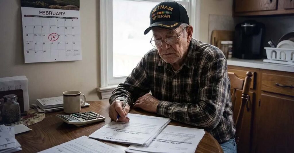 Disabled Veteran looking at paperwork..