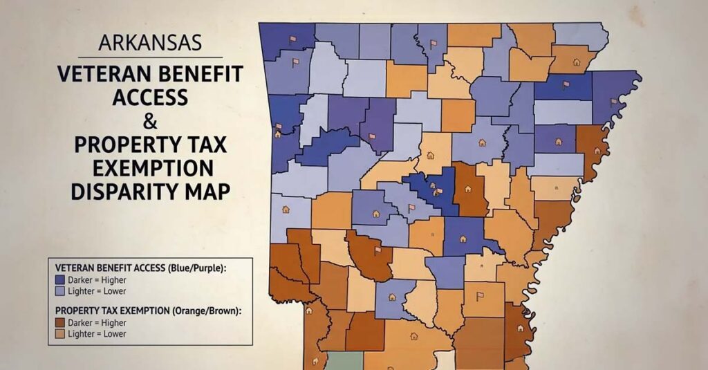 Arkansas county map showing property tax variations.