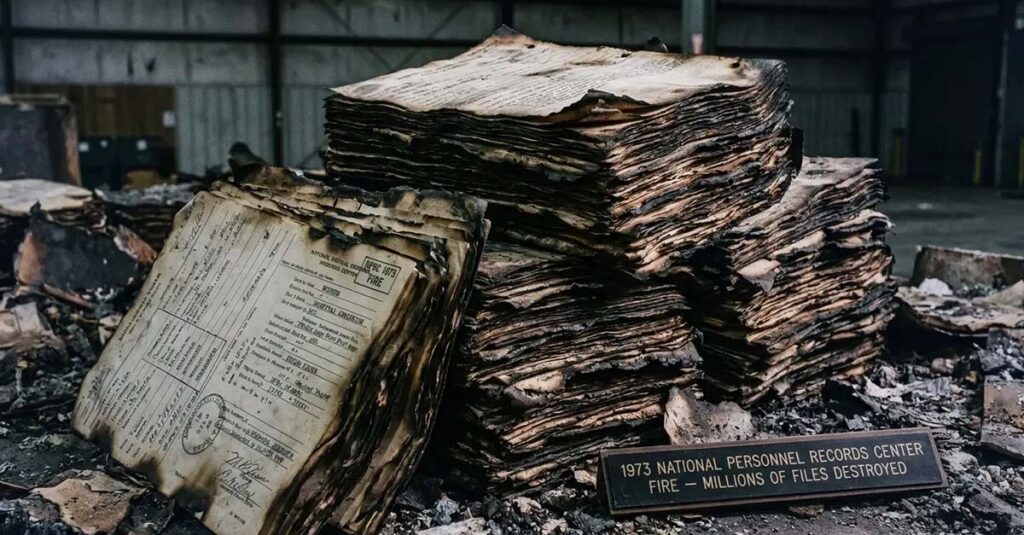 Image of damaged and destroyed military personnel files.