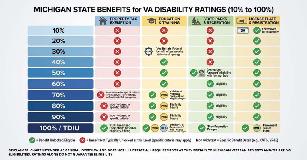 Michigan State Benefits for VA Disability Ratings (10% to 100%).