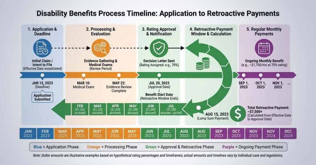 Retroactive payment timeline for VA benefits.