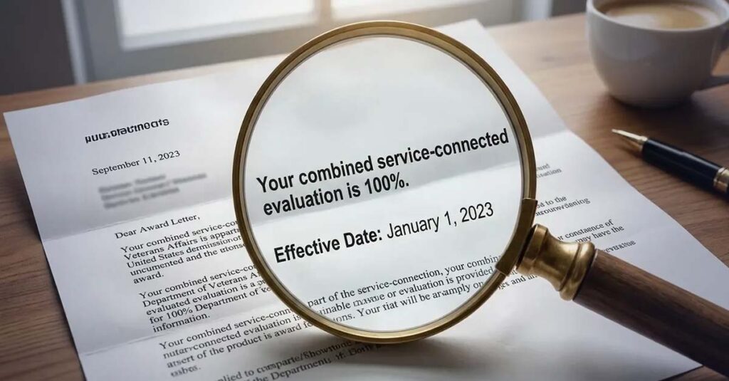 VA rating decision letter showing 100% disability.
