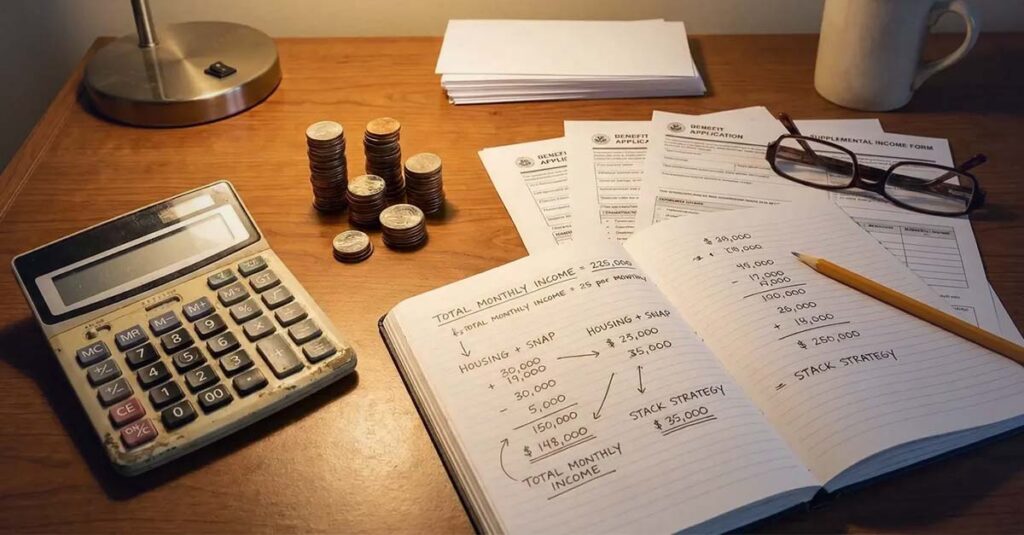 Veteran calculating stacked benefits on calculator.
