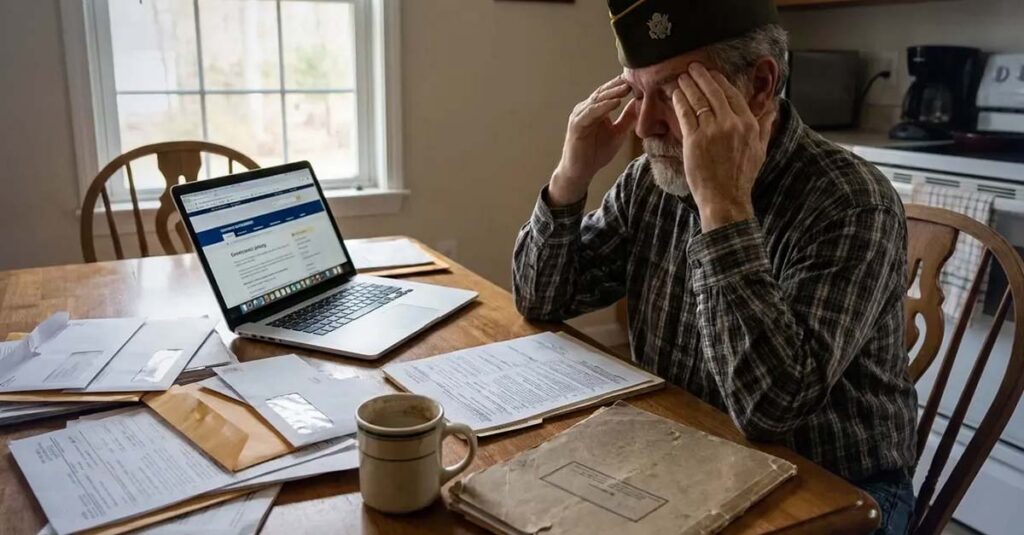 Veteran reviewing disability claim paperwork.