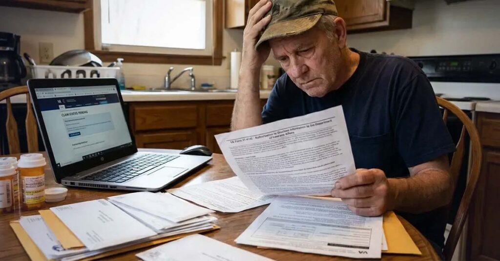 Veteran reviewing medical records authorization forms.