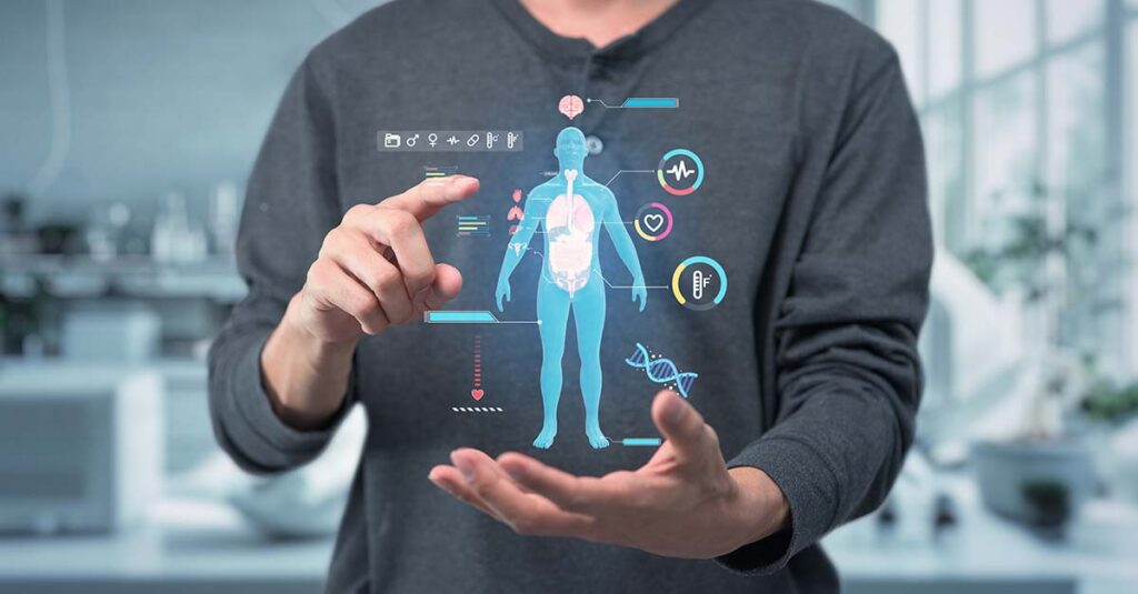 Virtual diagram of human body highlighting targeted monitoring points.