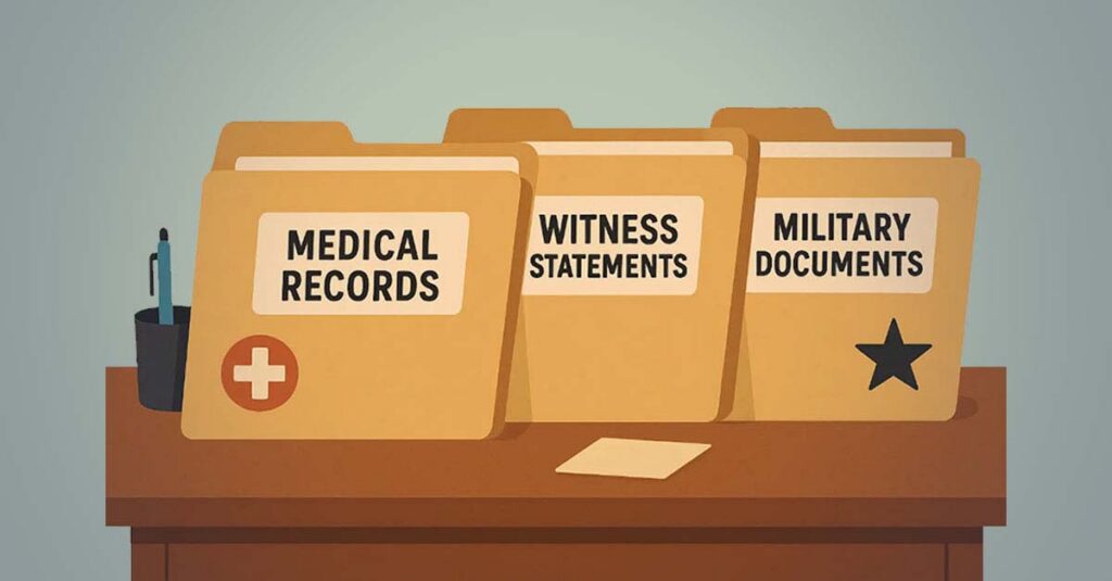Image of folders containing medical records, witness statements and military documents.