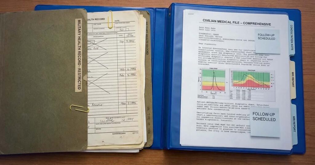 Image of private and military medical history files in folders.