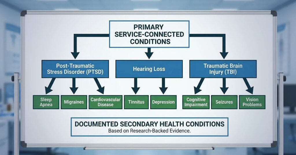 Medical connections between primary and secondary conditions.