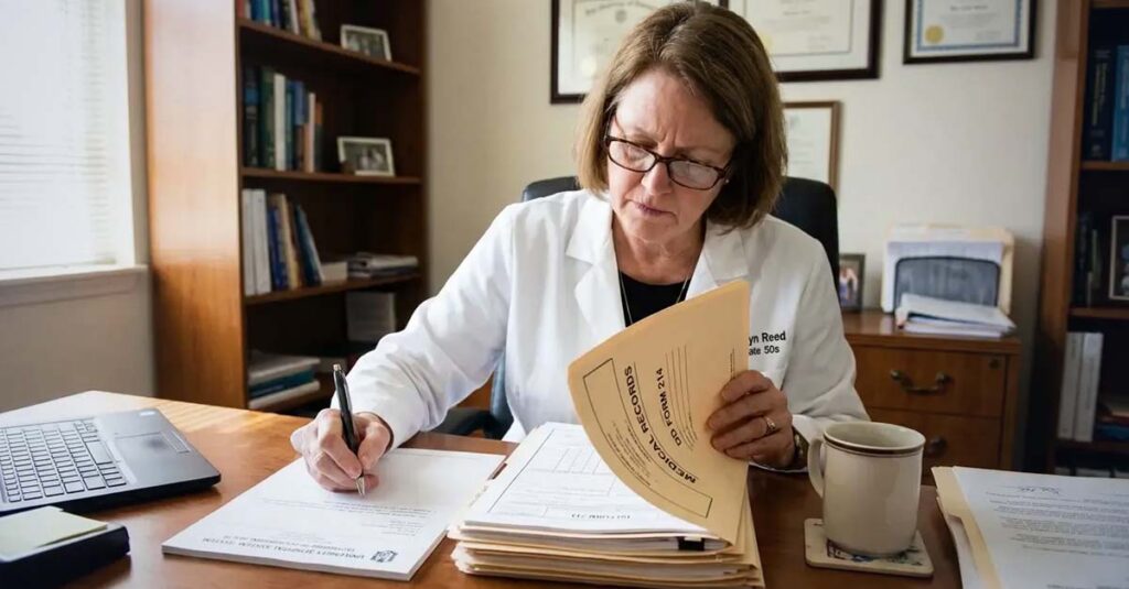 Medical physician preparing patient medical documentation.