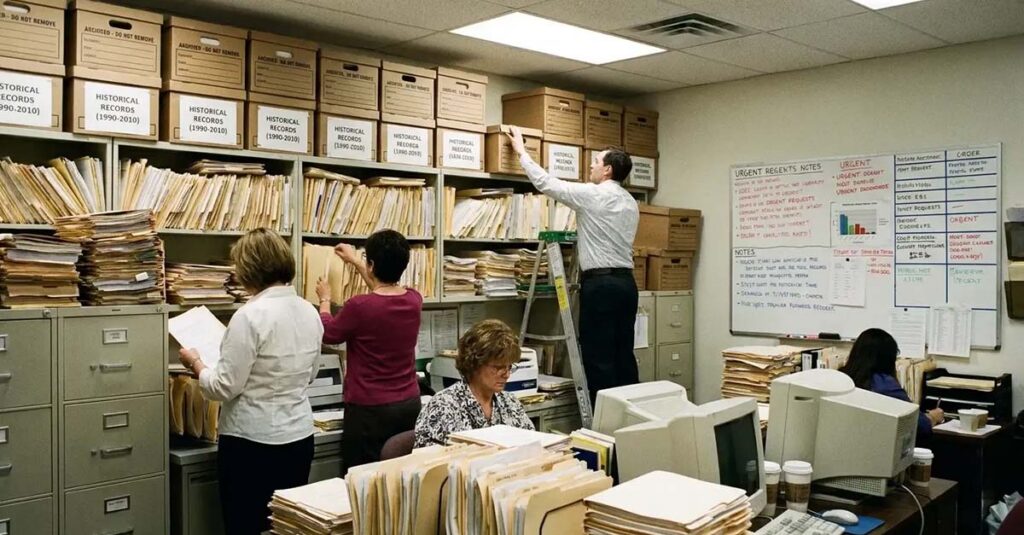 Medical records room with office workers.
