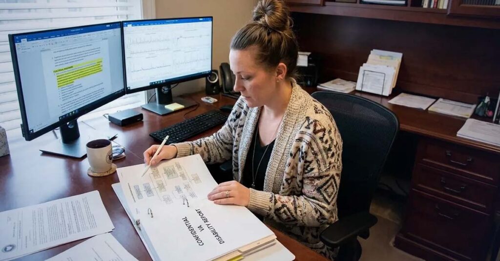 Office staff member reviewing medical evidence.