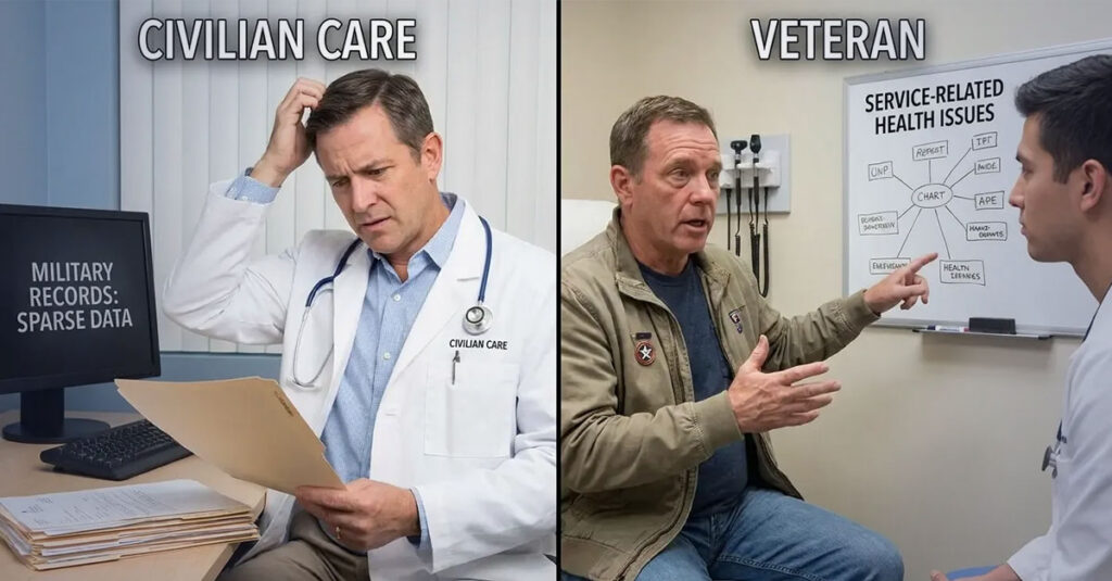 Side by side image of civilian and VA physician for illustration purposes only.