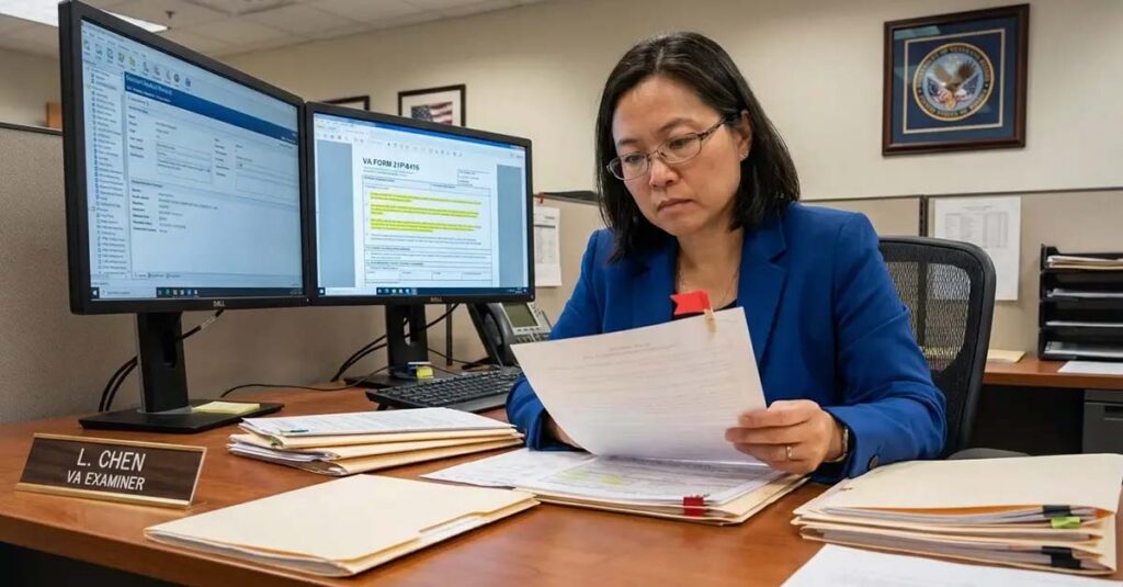 VA examiner reviewing pension application.