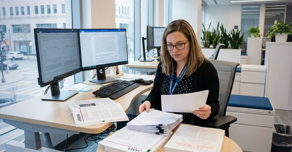 VA rater reviewing medical research and claims.