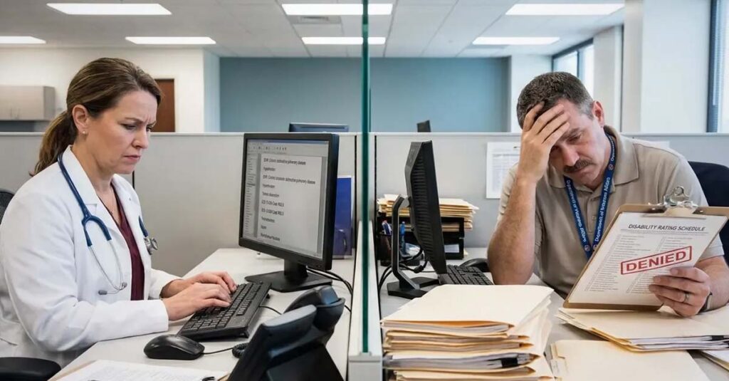 Veteran at desk reviewing denied claim.