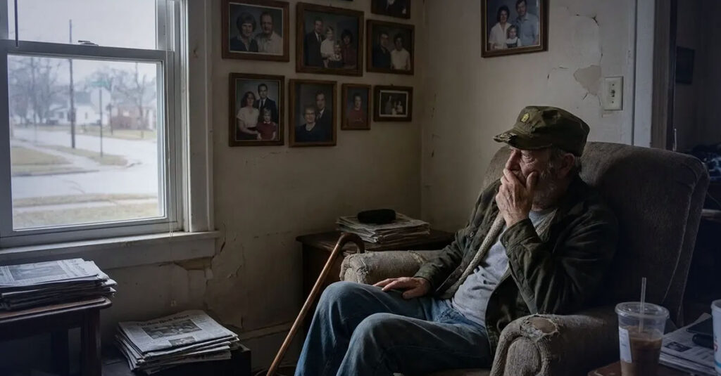 Veteran at home looking out window.