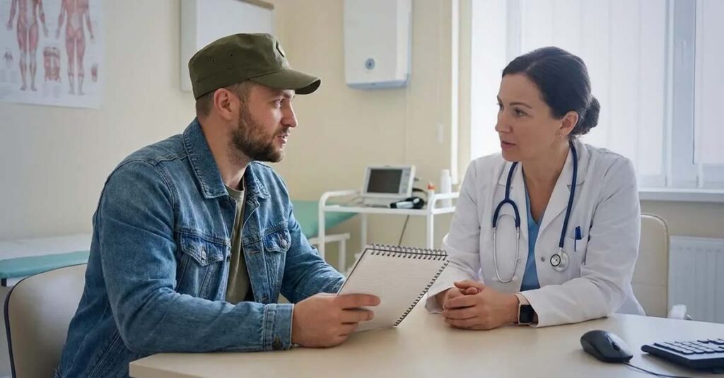 Veteran discussing medical condition with private physician.