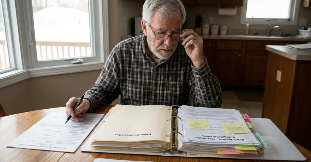 Veteran reviewing VA Form 21-0779 medical records authorization.
