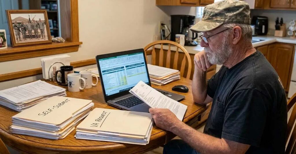 Veteran reviewing medical history and submission forms.